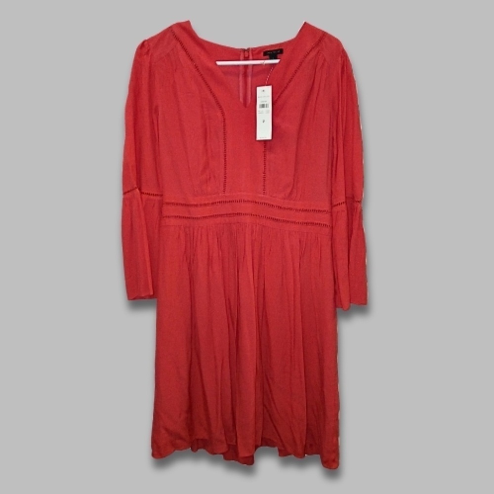 Ann Taylor Fit & Flare Dress Bell Sleeve V-Neck Back Zipper Pink Coral Sz 2 NWT - Picture 3 of 8